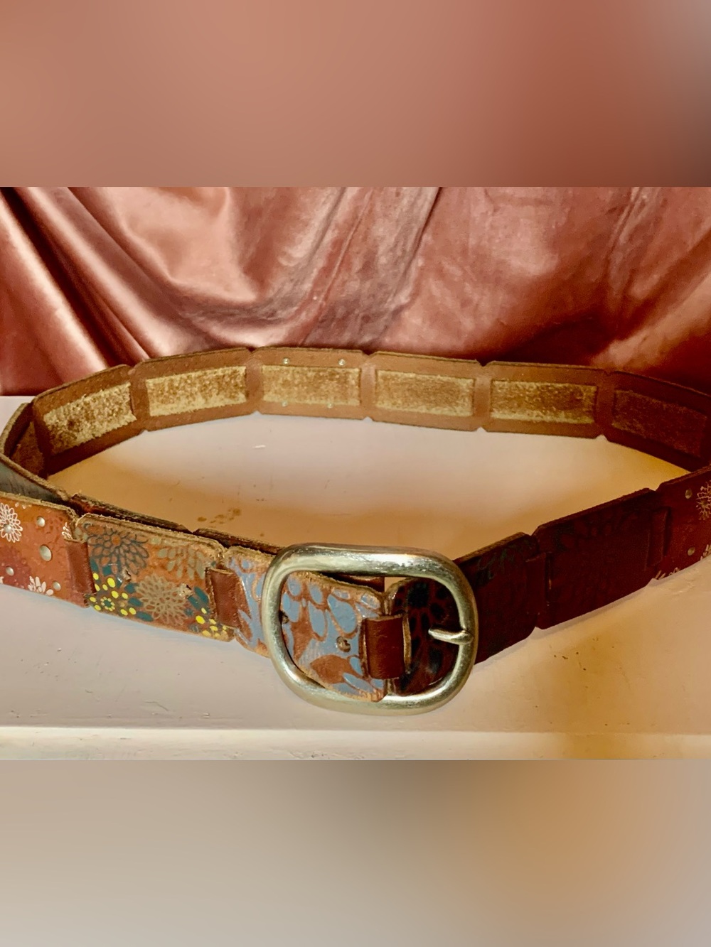 Womens Brown Leather floral panel belt M